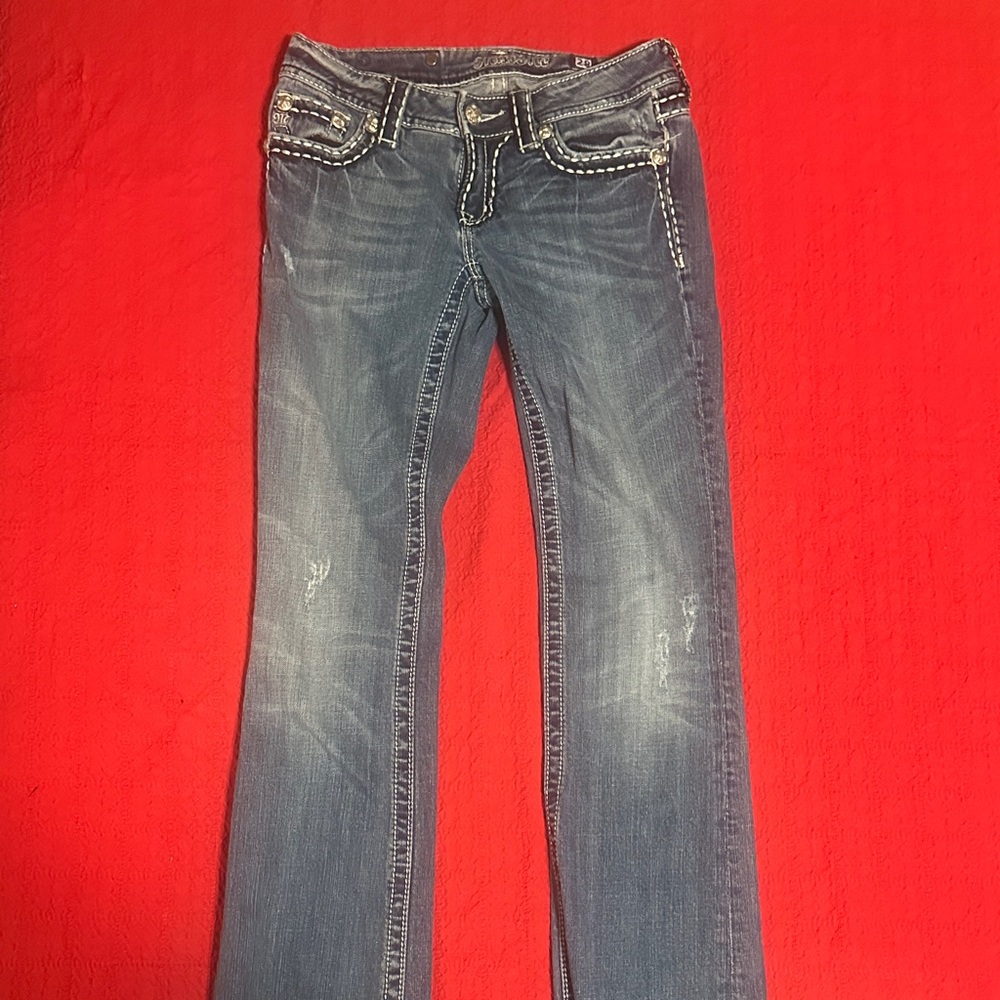 Miss Me Blue Boot Cut Jeans with White Stitching